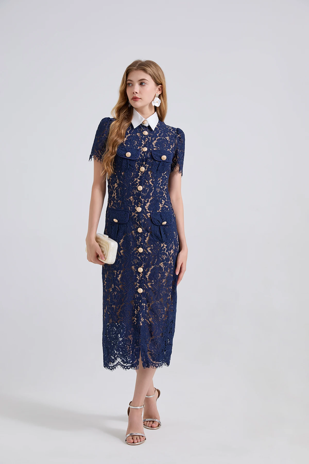 H Han Queen Elegant France Women Single Breasted Lace Dresses Female Hollow Out Short Sleeve Vintage Midi Dress Female Clothing