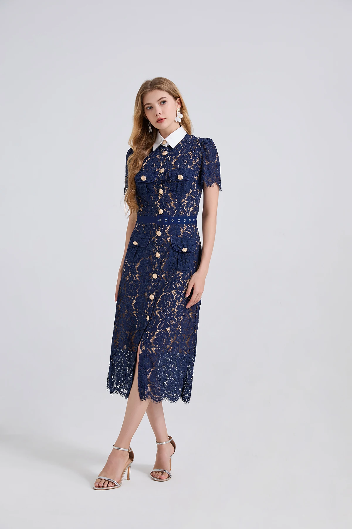 H Han Queen Elegant France Women Single Breasted Lace Dresses Female Hollow Out Short Sleeve Vintage Midi Dress Female Clothing