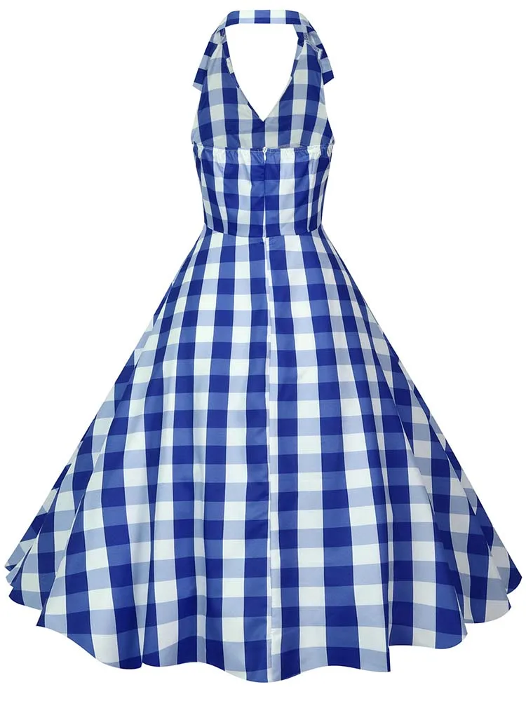 Hepburn Summer Dress Women Plaid Vintage Halter Robe Housewife Retro 50s 60s Midi Dresses Vestidos