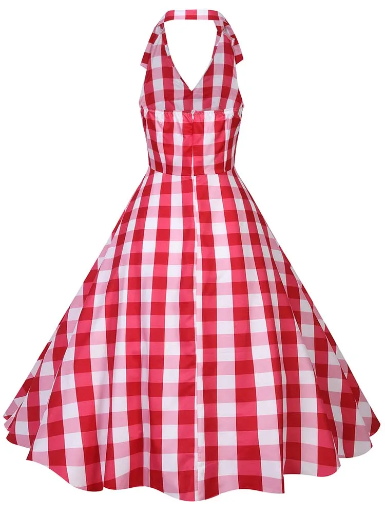 Hepburn Summer Dress Women Plaid Vintage Halter Robe Housewife Retro 50s 60s Midi Dresses Vestidos