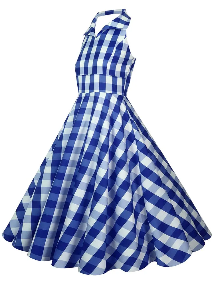 Hepburn Summer Dress Women Plaid Vintage Halter Robe Housewife Retro 50s 60s Midi Dresses Vestidos