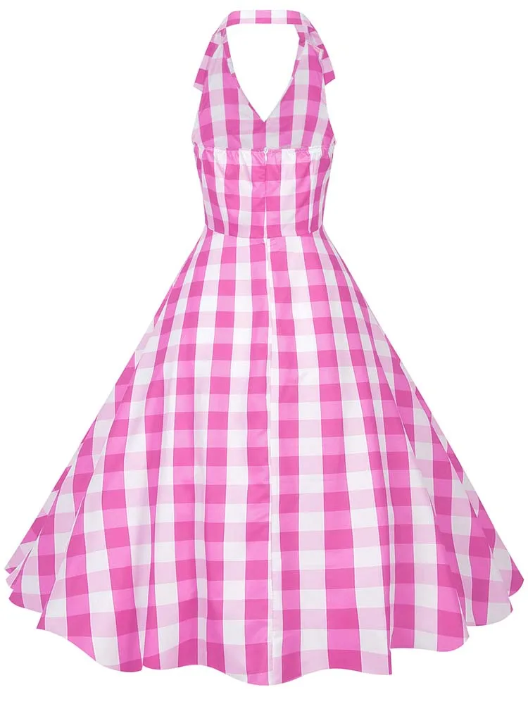 Hepburn Summer Dress Women Plaid Vintage Halter Robe Housewife Retro 50s 60s Midi Dresses Vestidos