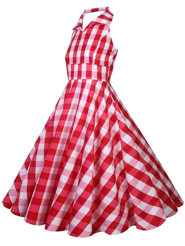 Hepburn Summer Dress Women Plaid Vintage Halter Robe Housewife Retro 50s 60s Midi Dresses Vestidos