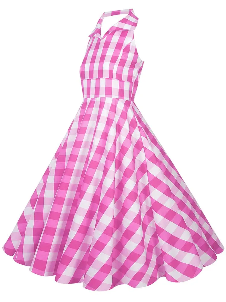 Hepburn Summer Dress Women Plaid Vintage Halter Robe Housewife Retro 50s 60s Midi Dresses Vestidos