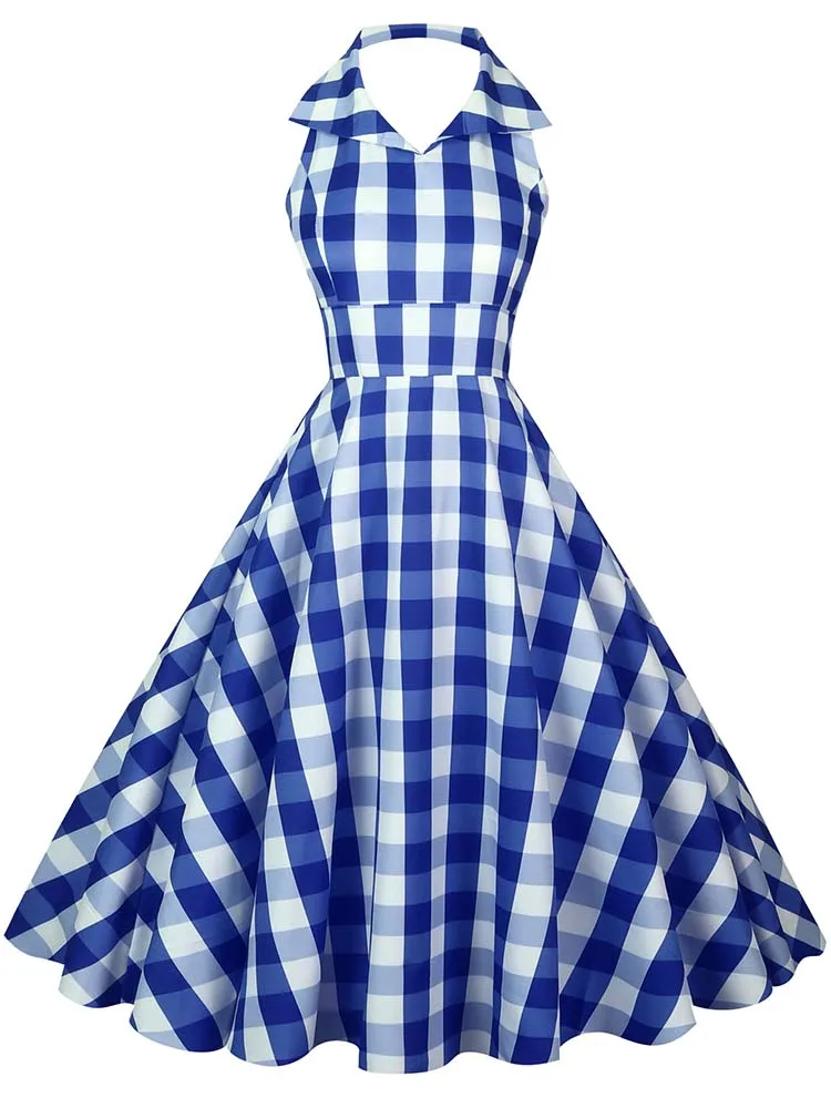 Hepburn Summer Dress Women Plaid Vintage Halter Robe Housewife Retro 50s 60s Midi Dresses Vestidos