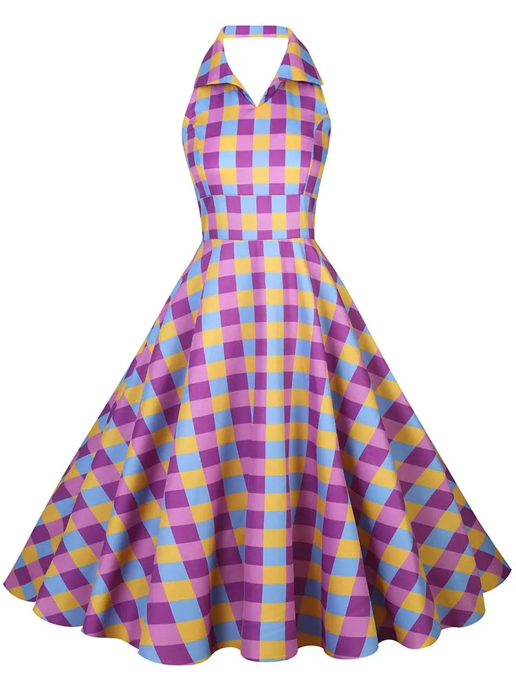 Hepburn Summer Dress Women Plaid Vintage Halter Robe Housewife Retro 50s 60s Midi Dresses Vestidos