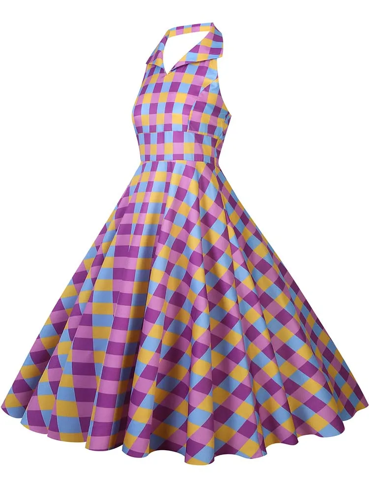 Hepburn Summer Dress Women Plaid Vintage Halter Robe Housewife Retro 50s 60s Midi Dresses Vestidos