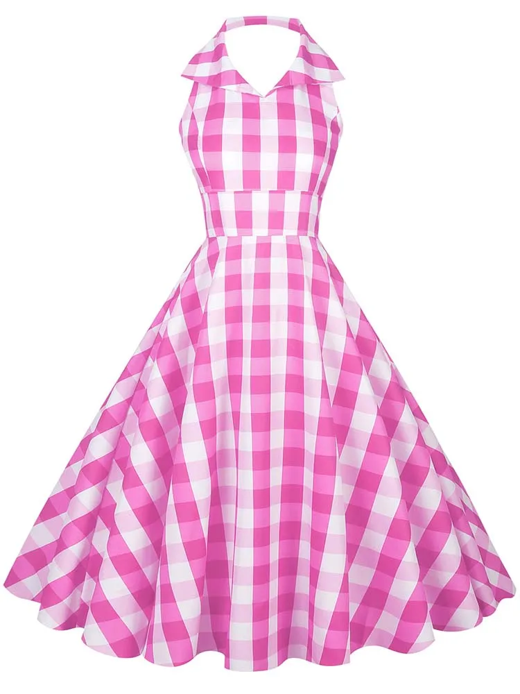Hepburn Summer Dress Women Plaid Vintage Halter Robe Housewife Retro 50s 60s Midi Dresses Vestidos