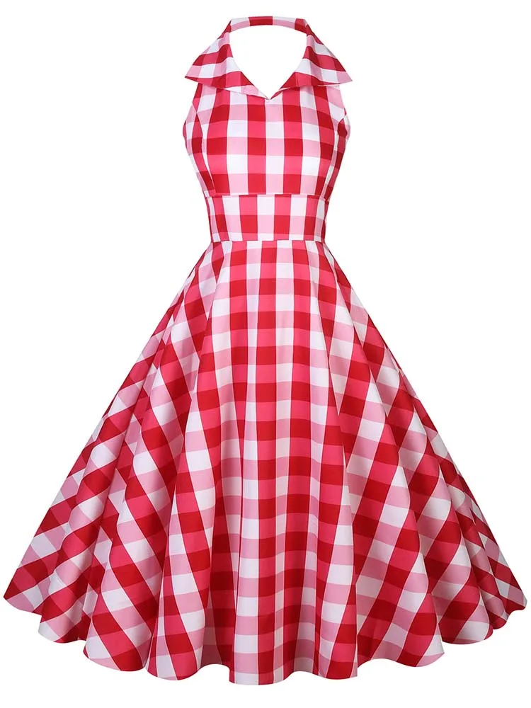 Hepburn Summer Dress Women Plaid Vintage Halter Robe Housewife Retro 50s 60s Midi Dresses Vestidos