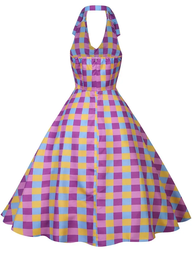 Hepburn Summer Dress Women Plaid Vintage Halter Robe Housewife Retro 50s 60s Midi Dresses Vestidos