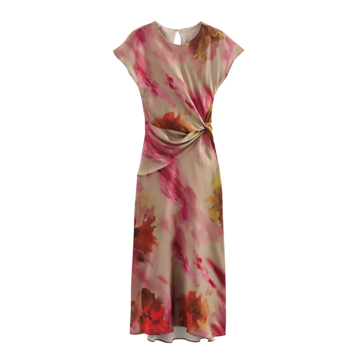 BSAY Women Fashion New Printing Satin Texture Knot Sleeveless O-neck Long Midi Dress French Chic Female Evening Clothing