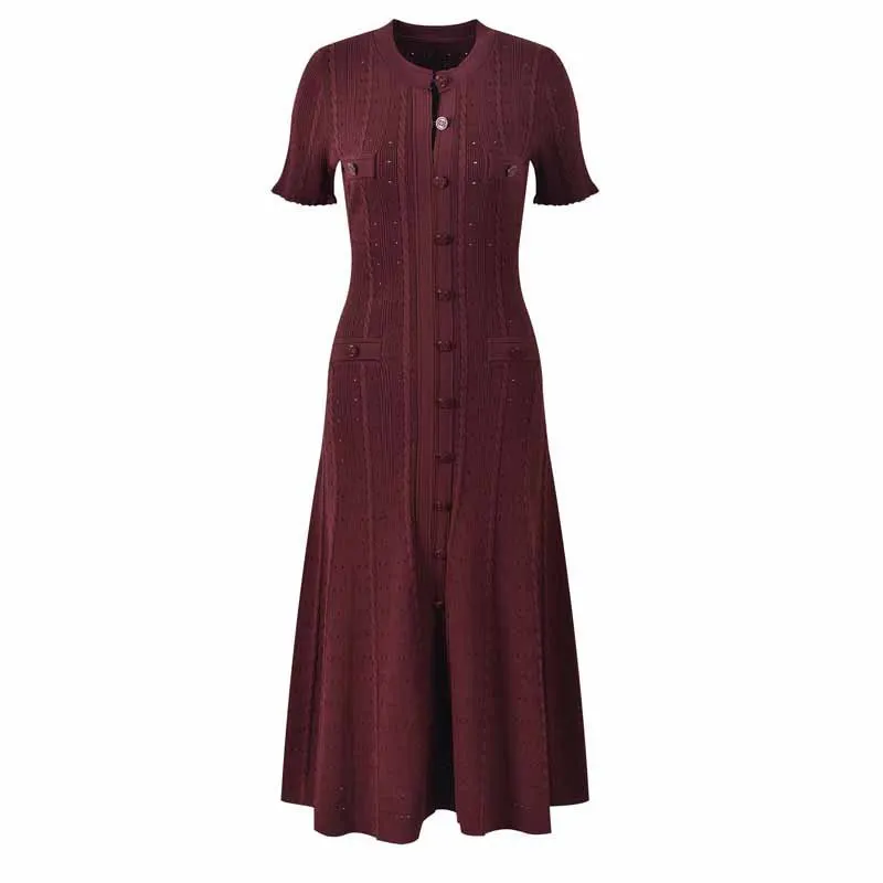 GLCMYAYA Women Single Breasted O-neck Short Sleeve Knit Ribbed Bodycon Midi Dress 2025 Vacation Sexy Party Club Vestidos Dresses