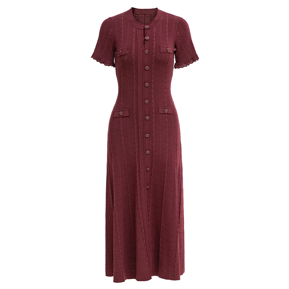 GLCMYAYA Women Single Breasted O-neck Short Sleeve Knit Ribbed Bodycon Midi Dress 2025 Vacation Sexy Party Club Vestidos Dresses