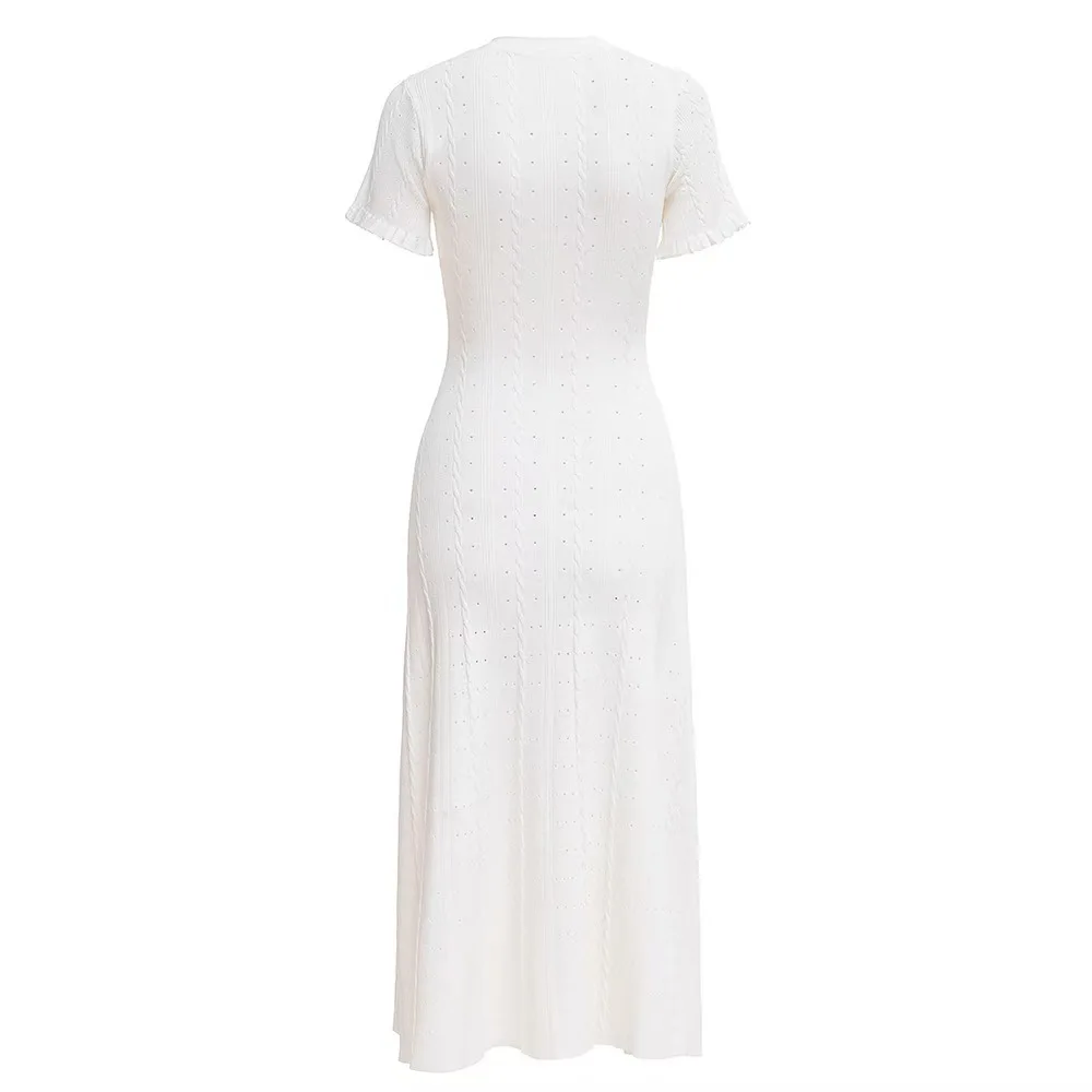 GLCMYAYA Women Single Breasted O-neck Short Sleeve Knit Ribbed Bodycon Midi Dress 2025 Vacation Sexy Party Club Vestidos Dresses
