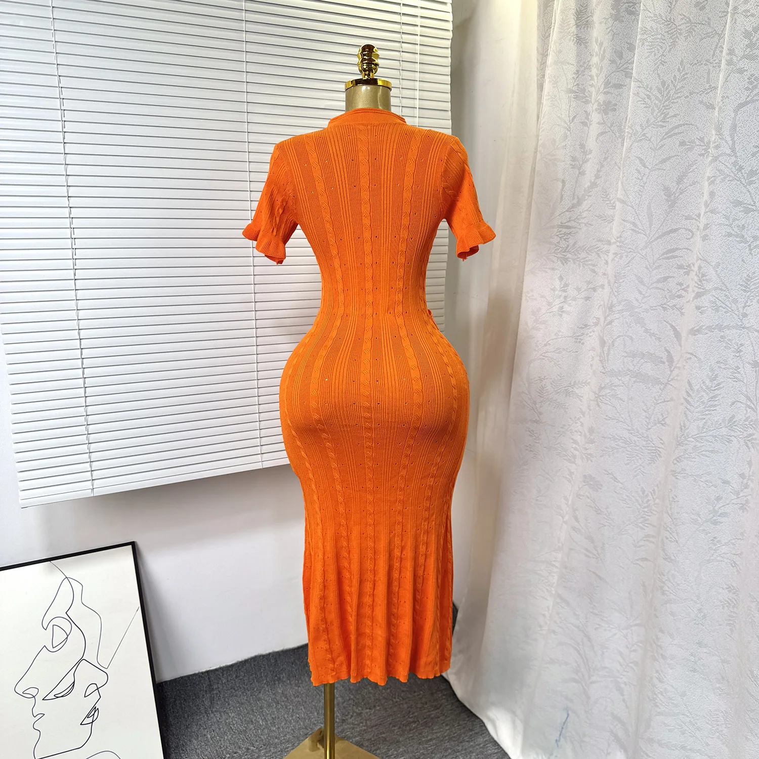 GLCMYAYA Women Single Breasted O-neck Short Sleeve Knit Ribbed Bodycon Midi Dress 2025 Vacation Sexy Party Club Vestidos Dresses