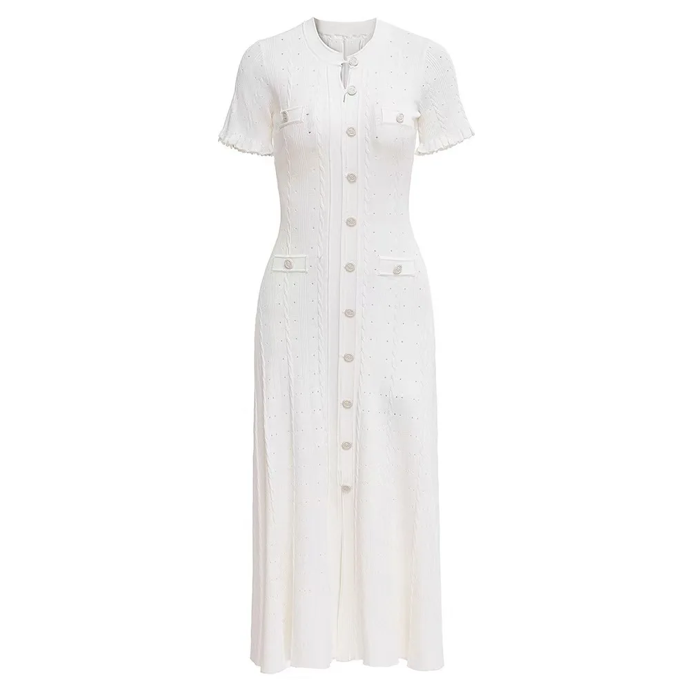 GLCMYAYA Women Single Breasted O-neck Short Sleeve Knit Ribbed Bodycon Midi Dress 2025 Vacation Sexy Party Club Vestidos Dresses
