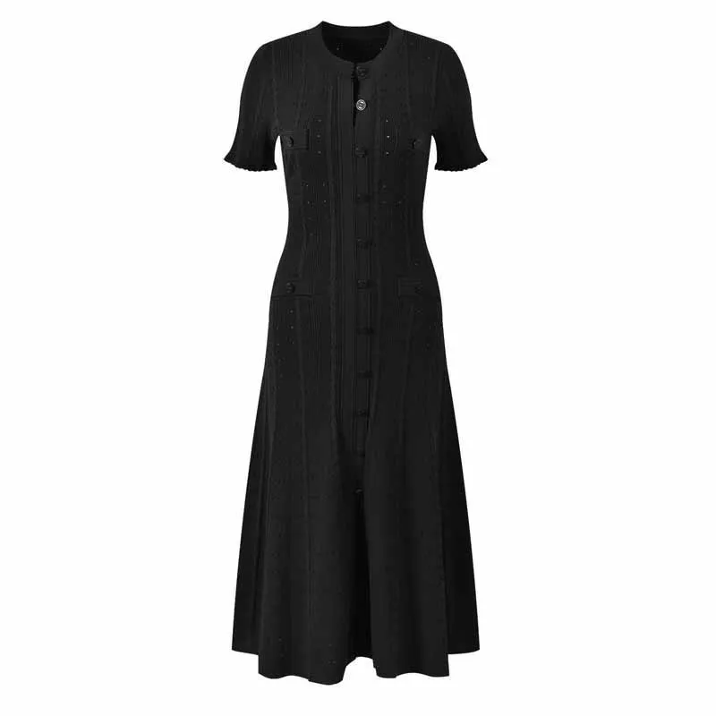 GLCMYAYA Women Single Breasted O-neck Short Sleeve Knit Ribbed Bodycon Midi Dress 2025 Vacation Sexy Party Club Vestidos Dresses