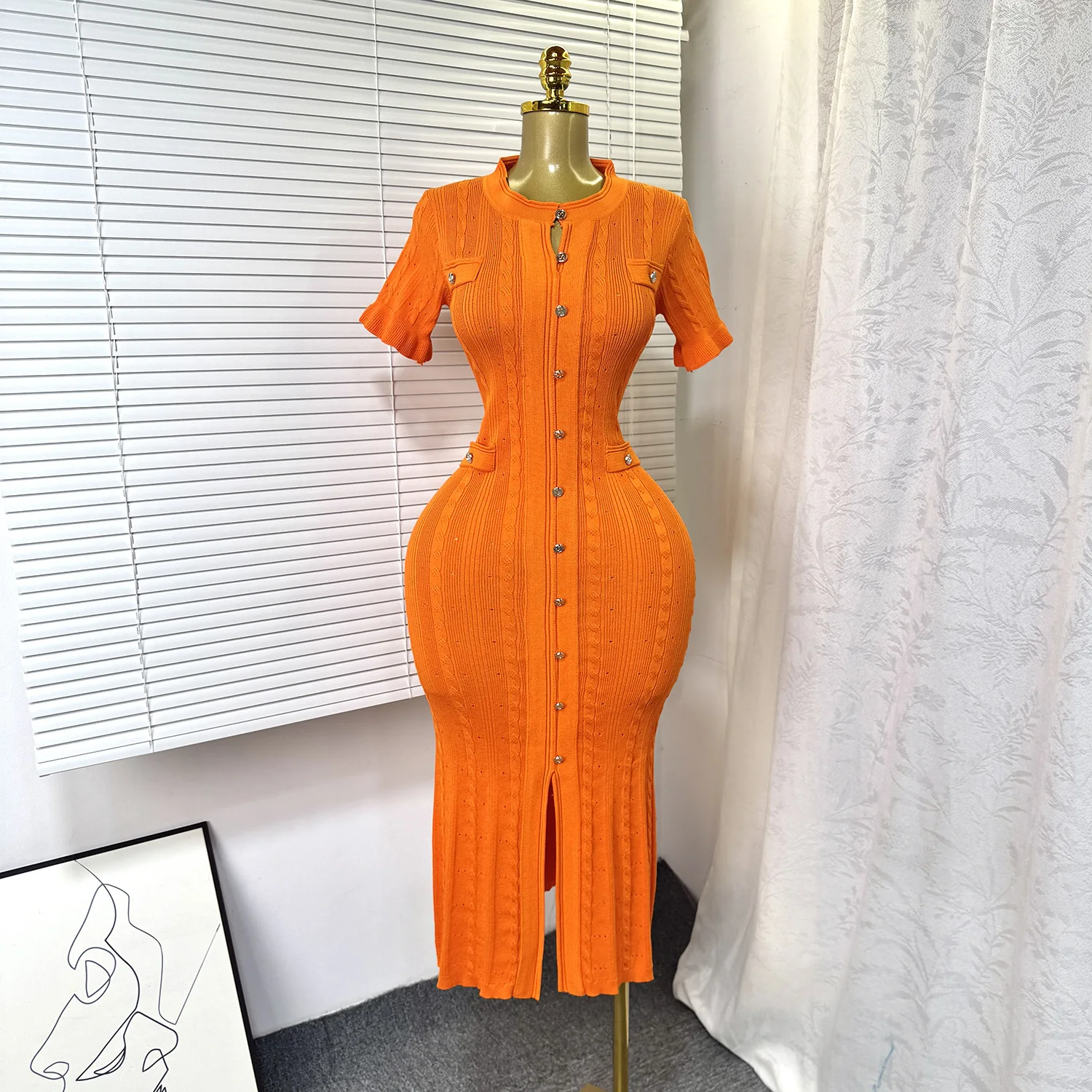 GLCMYAYA Women Single Breasted O-neck Short Sleeve Knit Ribbed Bodycon Midi Dress 2025 Vacation Sexy Party Club Vestidos Dresses