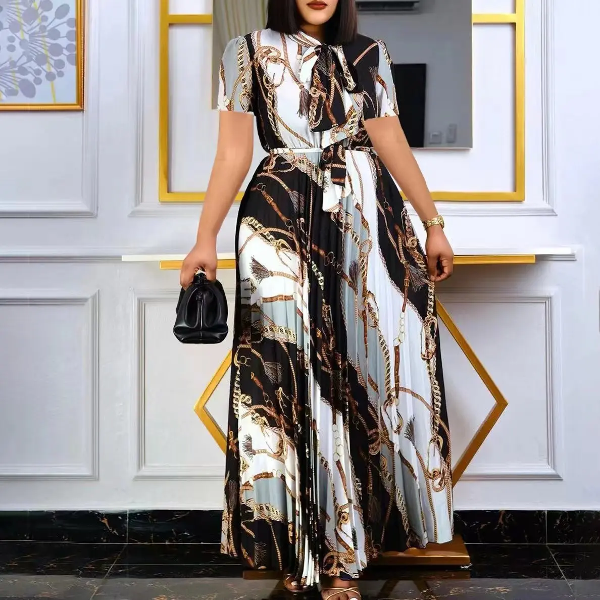 Fashionable and Elegant Print Pleated Long Dresses for Women Oversized Short-sleeved Ladies Temperament Maxi Dress Evening Gowns