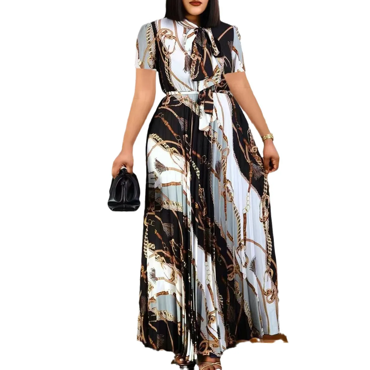 Fashionable and Elegant Print Pleated Long Dresses for Women Oversized Short-sleeved Ladies Temperament Maxi Dress Evening Gowns