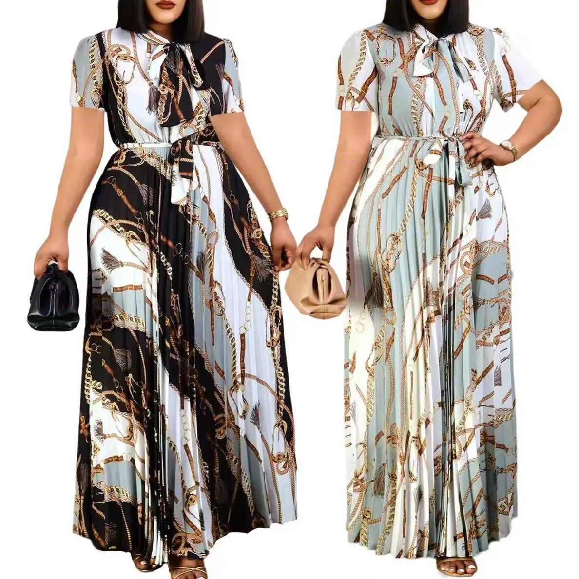 Fashionable and Elegant Print Pleated Long Dresses for Women Oversized Short-sleeved Ladies Temperament Maxi Dress Evening Gowns