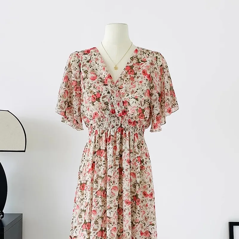 2026 Summer Women Ruffled Short-sleeved Chiffon Dress V-neck High Waist Floral Print Beach Midi Dresses Backless Sexy Vestidos