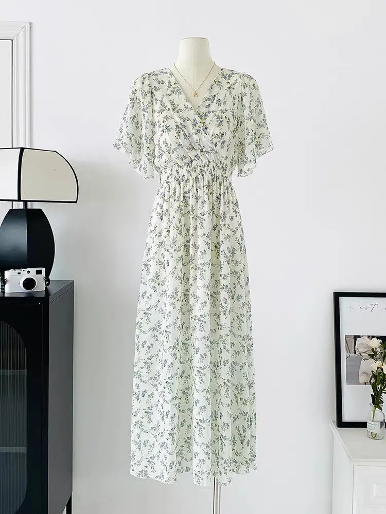 2026 Summer Women Ruffled Short-sleeved Chiffon Dress V-neck High Waist Floral Print Beach Midi Dresses Backless Sexy Vestidos
