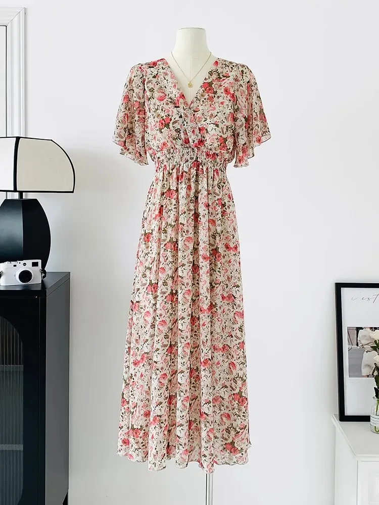 2026 Summer Women Ruffled Short-sleeved Chiffon Dress V-neck High Waist Floral Print Beach Midi Dresses Backless Sexy Vestidos