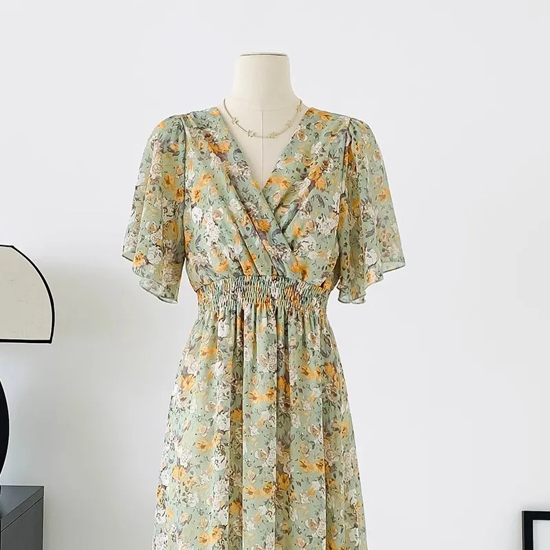 2026 Summer Women Ruffled Short-sleeved Chiffon Dress V-neck High Waist Floral Print Beach Midi Dresses Backless Sexy Vestidos