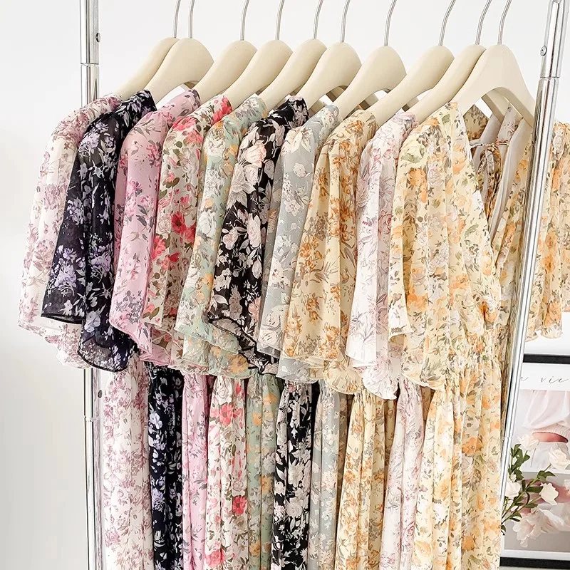 2026 Summer Women Ruffled Short-sleeved Chiffon Dress V-neck High Waist Floral Print Beach Midi Dresses Backless Sexy Vestidos