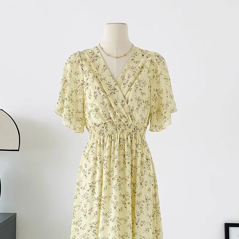 2026 Summer Women Ruffled Short-sleeved Chiffon Dress V-neck High Waist Floral Print Beach Midi Dresses Backless Sexy Vestidos