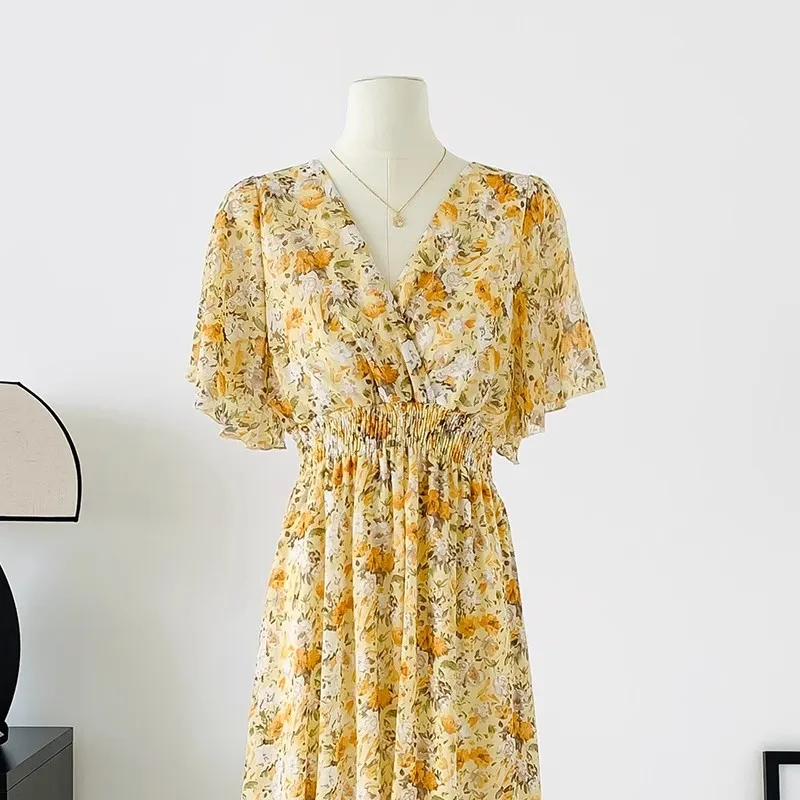 2026 Summer Women Ruffled Short-sleeved Chiffon Dress V-neck High Waist Floral Print Beach Midi Dresses Backless Sexy Vestidos