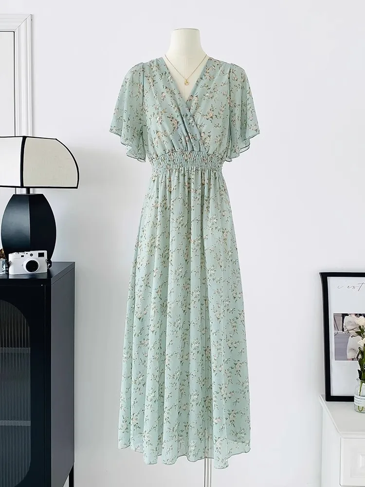 2026 Summer Women Ruffled Short-sleeved Chiffon Dress V-neck High Waist Floral Print Beach Midi Dresses Backless Sexy Vestidos