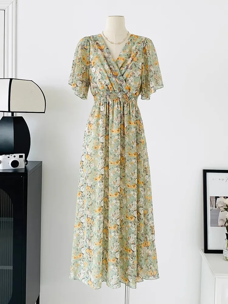 2026 Summer Women Ruffled Short-sleeved Chiffon Dress V-neck High Waist Floral Print Beach Midi Dresses Backless Sexy Vestidos