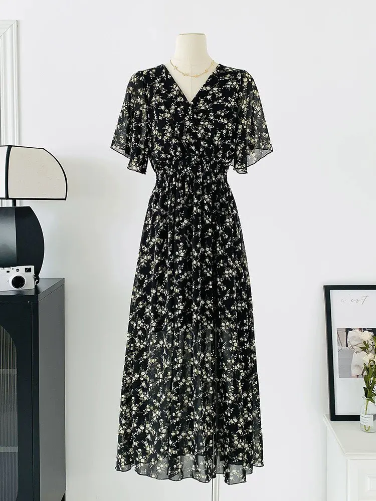2026 Summer Women Ruffled Short-sleeved Chiffon Dress V-neck High Waist Floral Print Beach Midi Dresses Backless Sexy Vestidos
