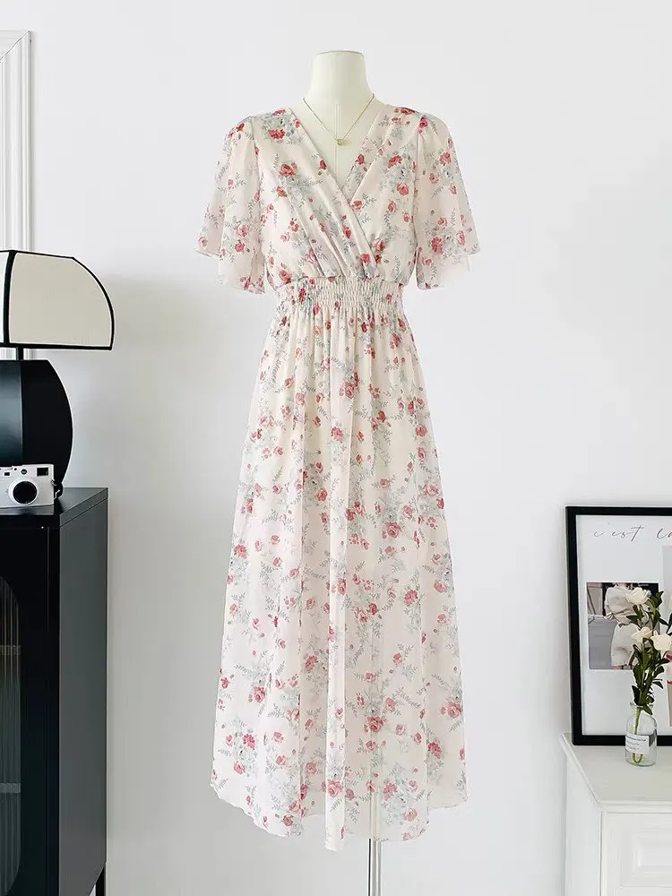 2026 Summer Women Ruffled Short-sleeved Chiffon Dress V-neck High Waist Floral Print Beach Midi Dresses Backless Sexy Vestidos