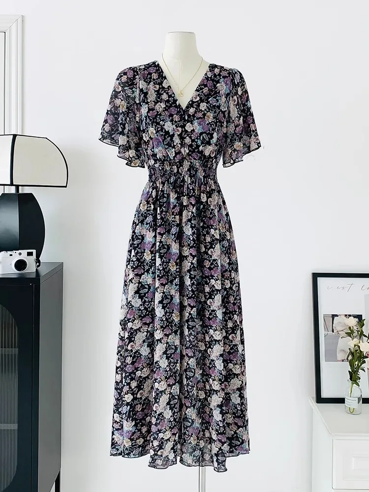 2026 Summer Women Ruffled Short-sleeved Chiffon Dress V-neck High Waist Floral Print Beach Midi Dresses Backless Sexy Vestidos