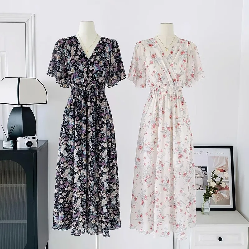 2026 Summer Women Ruffled Short-sleeved Chiffon Dress V-neck High Waist Floral Print Beach Midi Dresses Backless Sexy Vestidos