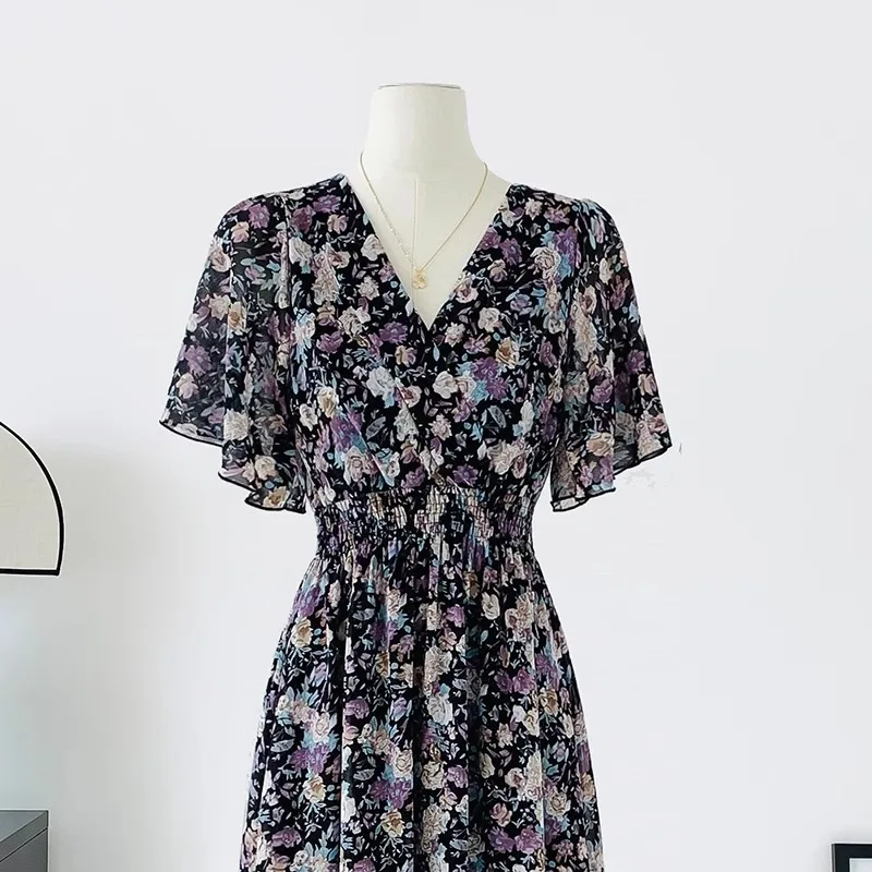 2026 Summer Women Ruffled Short-sleeved Chiffon Dress V-neck High Waist Floral Print Beach Midi Dresses Backless Sexy Vestidos