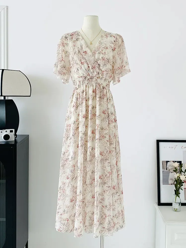 2026 Summer Women Ruffled Short-sleeved Chiffon Dress V-neck High Waist Floral Print Beach Midi Dresses Backless Sexy Vestidos