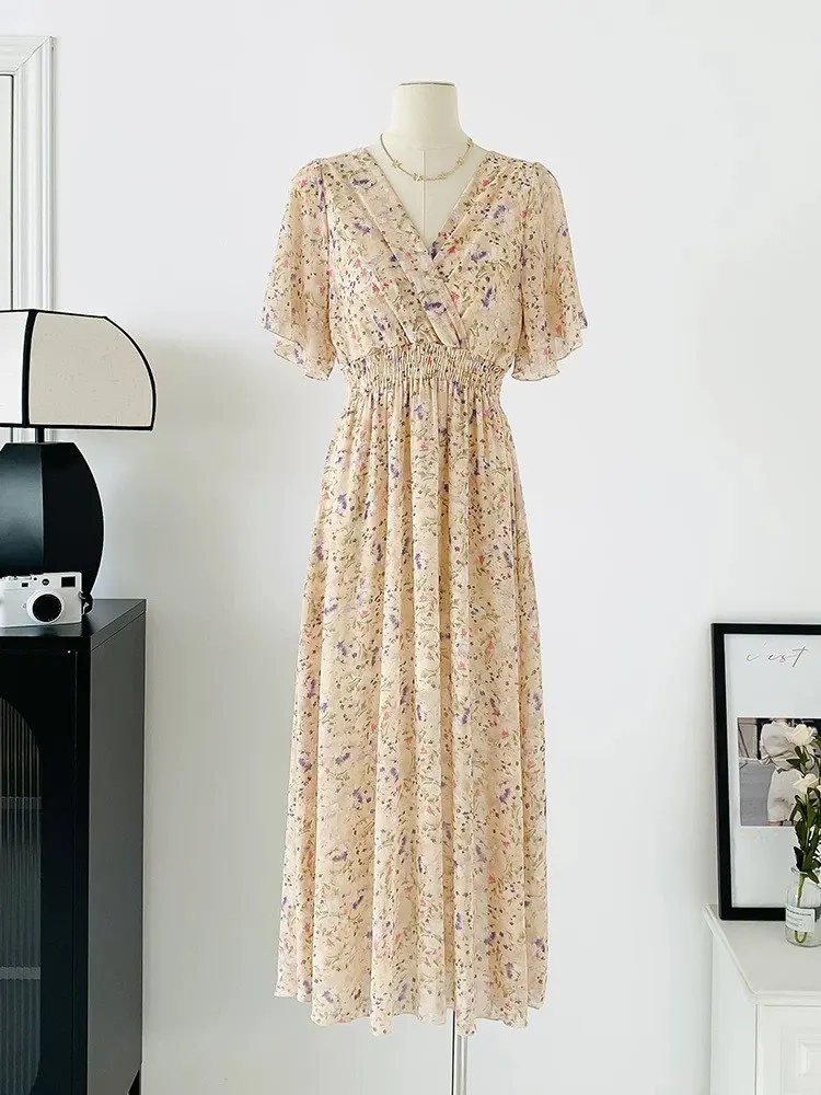 2026 Summer Women Ruffled Short-sleeved Chiffon Dress V-neck High Waist Floral Print Beach Midi Dresses Backless Sexy Vestidos