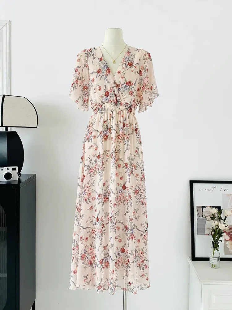 2026 Summer Women Ruffled Short-sleeved Chiffon Dress V-neck High Waist Floral Print Beach Midi Dresses Backless Sexy Vestidos