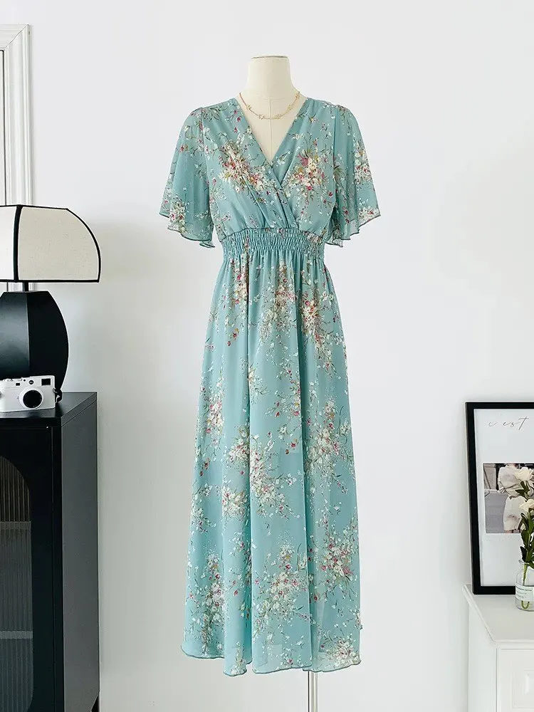 2026 Summer Women Ruffled Short-sleeved Chiffon Dress V-neck High Waist Floral Print Beach Midi Dresses Backless Sexy Vestidos
