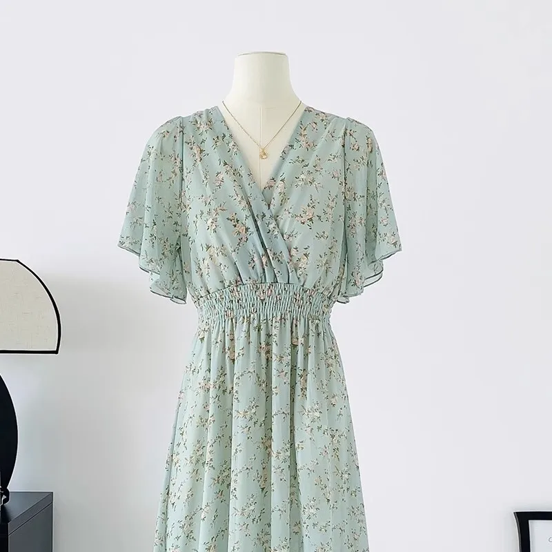 2026 Summer Women Ruffled Short-sleeved Chiffon Dress V-neck High Waist Floral Print Beach Midi Dresses Backless Sexy Vestidos