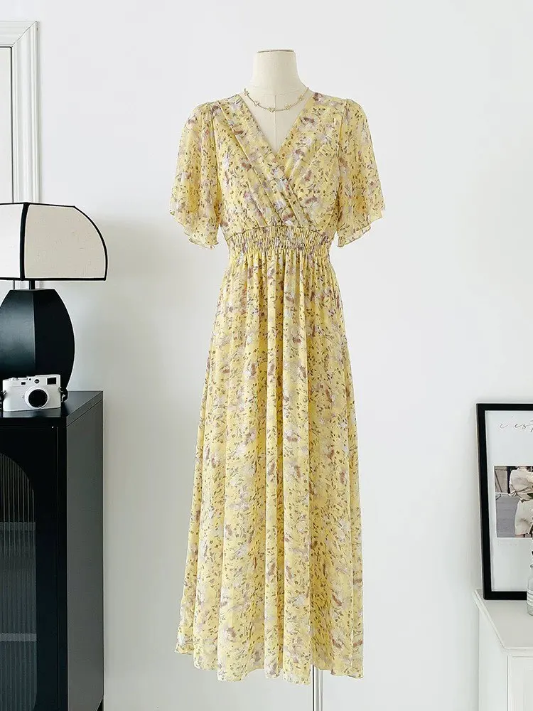 2026 Summer Women Ruffled Short-sleeved Chiffon Dress V-neck High Waist Floral Print Beach Midi Dresses Backless Sexy Vestidos