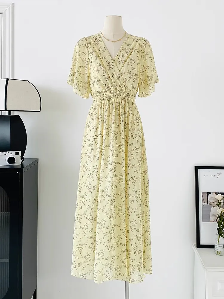 2026 Summer Women Ruffled Short-sleeved Chiffon Dress V-neck High Waist Floral Print Beach Midi Dresses Backless Sexy Vestidos