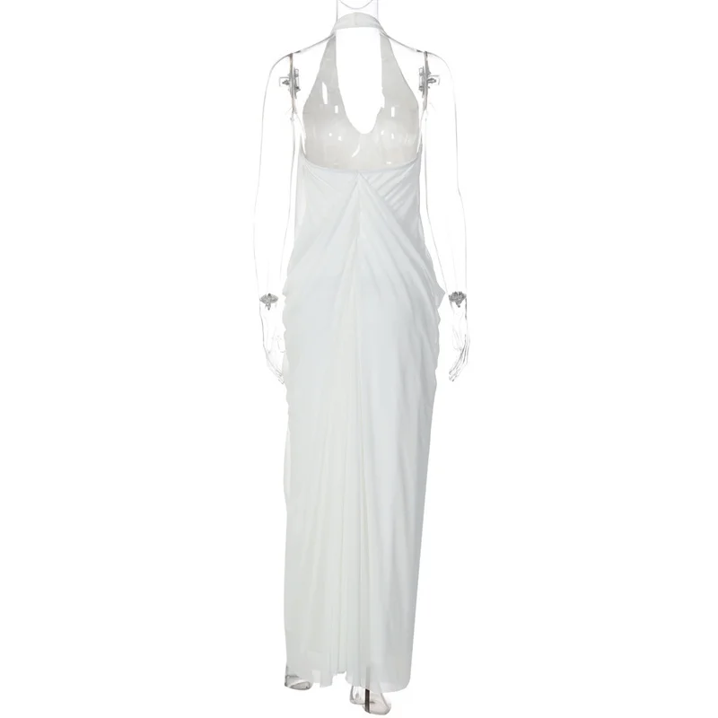 Mozision Mesh Halter Backless Sexy Maxi Dress Women Gown Fashion Elegant V Neck Sleeveless Pleated Club Party Long Dresses