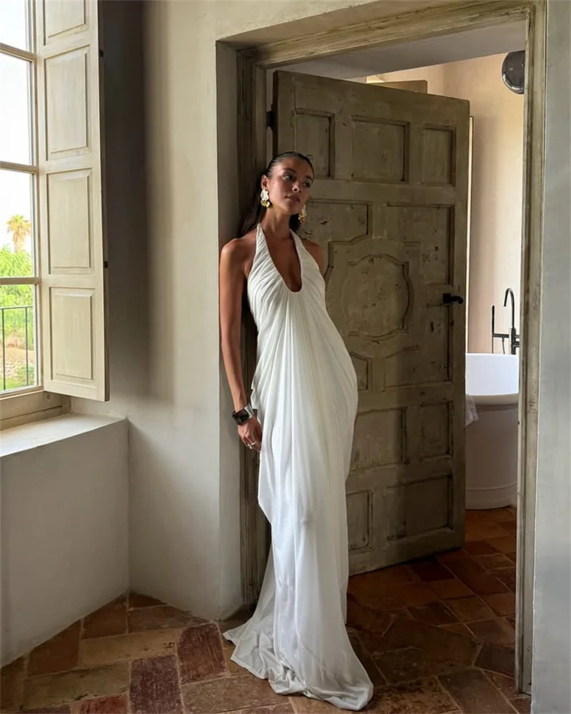 Mozision Mesh Halter Backless Sexy Maxi Dress Women Gown Fashion Elegant V Neck Sleeveless Pleated Club Party Long Dresses