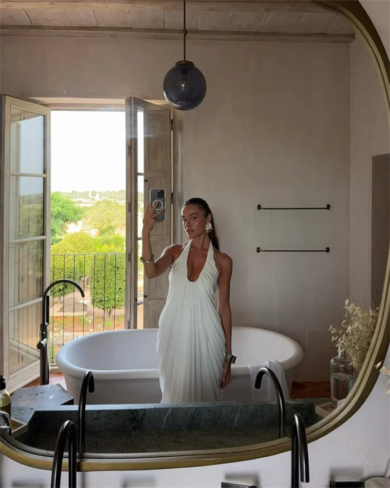 Mozision Mesh Halter Backless Sexy Maxi Dress Women Gown Fashion Elegant V Neck Sleeveless Pleated Club Party Long Dresses