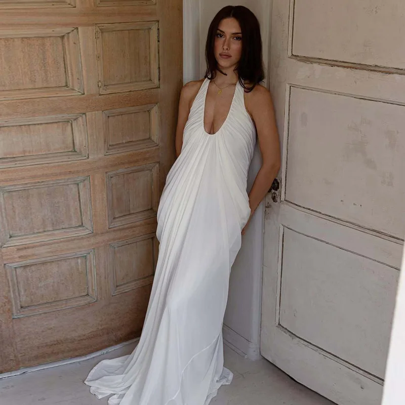 Mozision Mesh Halter Backless Sexy Maxi Dress Women Gown Fashion Elegant V Neck Sleeveless Pleated Club Party Long Dresses